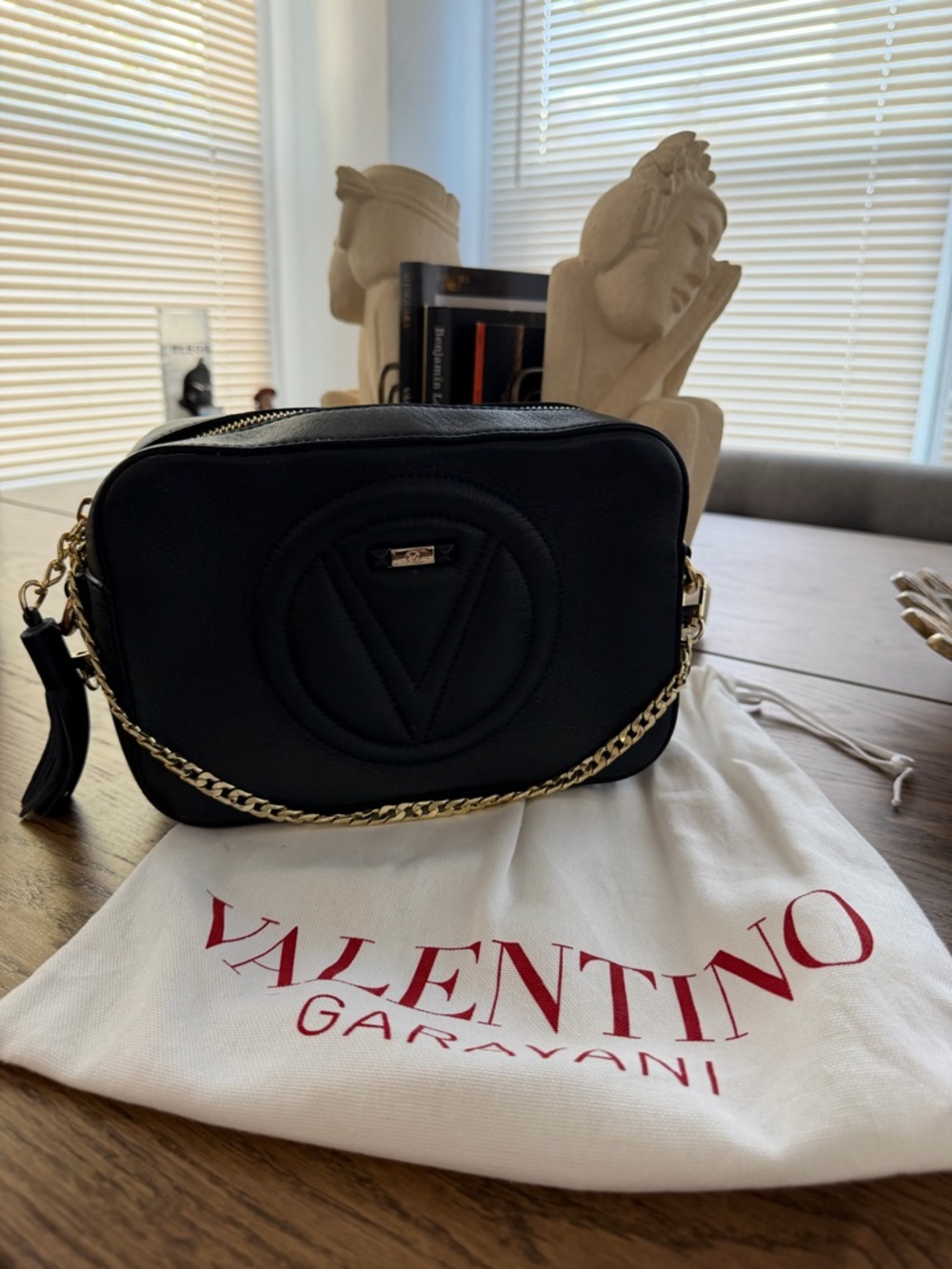 Mario Valentino Blue Leather Quilted V Crossbody with Gold Chain